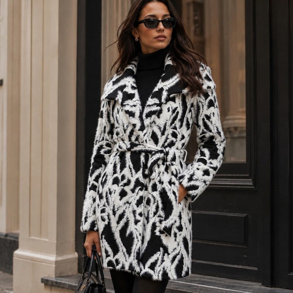 White House Black Market Iris Sweater Coat XL Black White Belted Heavy Luxury
